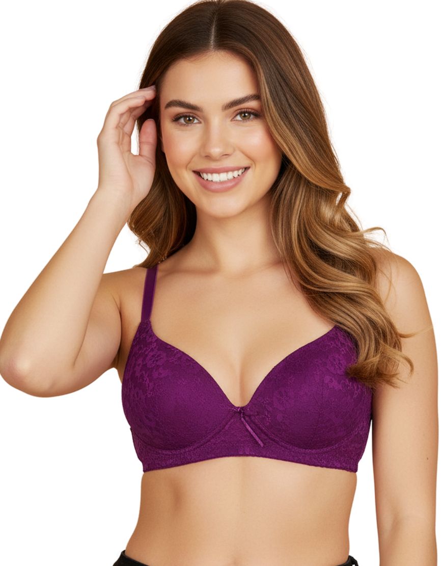 LIGHTLY PADDED WIRE-FREE 3/4TH COVERAGE ALL OVER LACE BRA- GRAPE JUICE