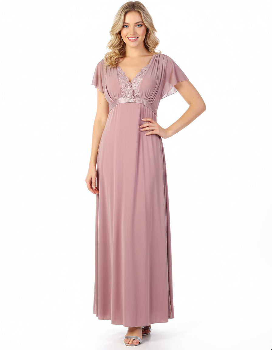 LOSHA 2 PIECE LACY NECK LONG NIGHTY -BEIGE
