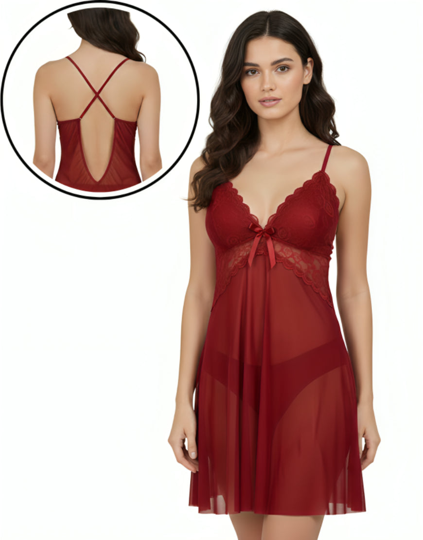Losha 2 piece Romantic Lace Mesh Nighty-MAROON