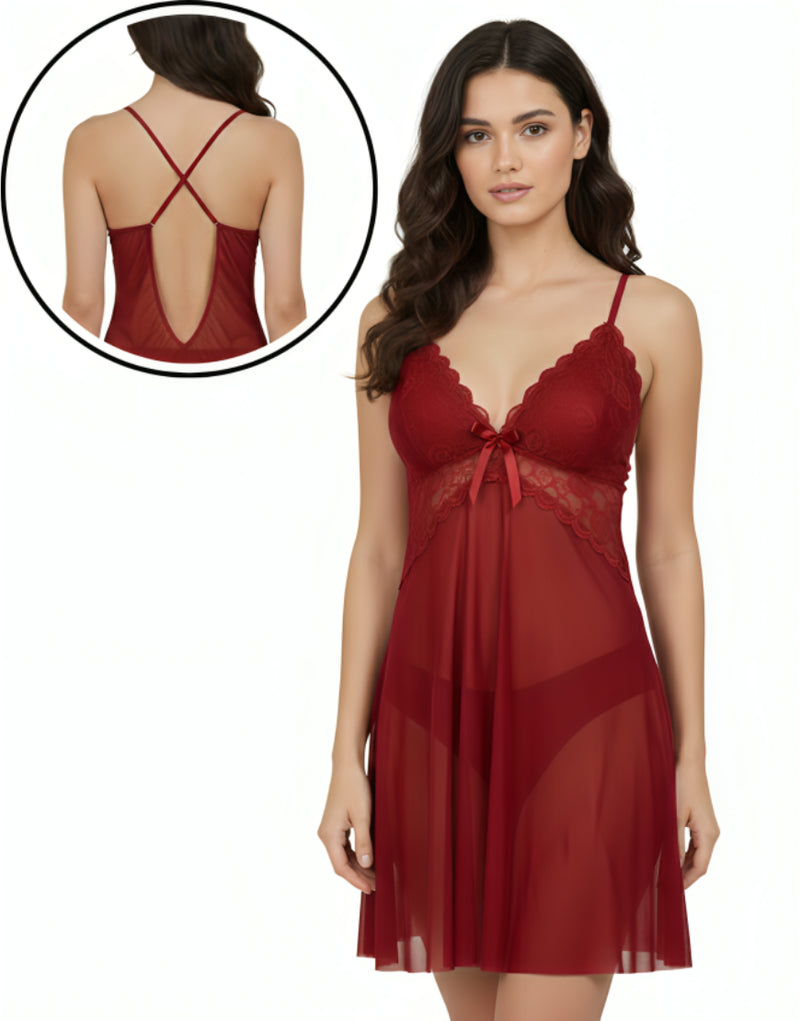 Losha 2 piece Romantic Lace Mesh Nighty-MAROON