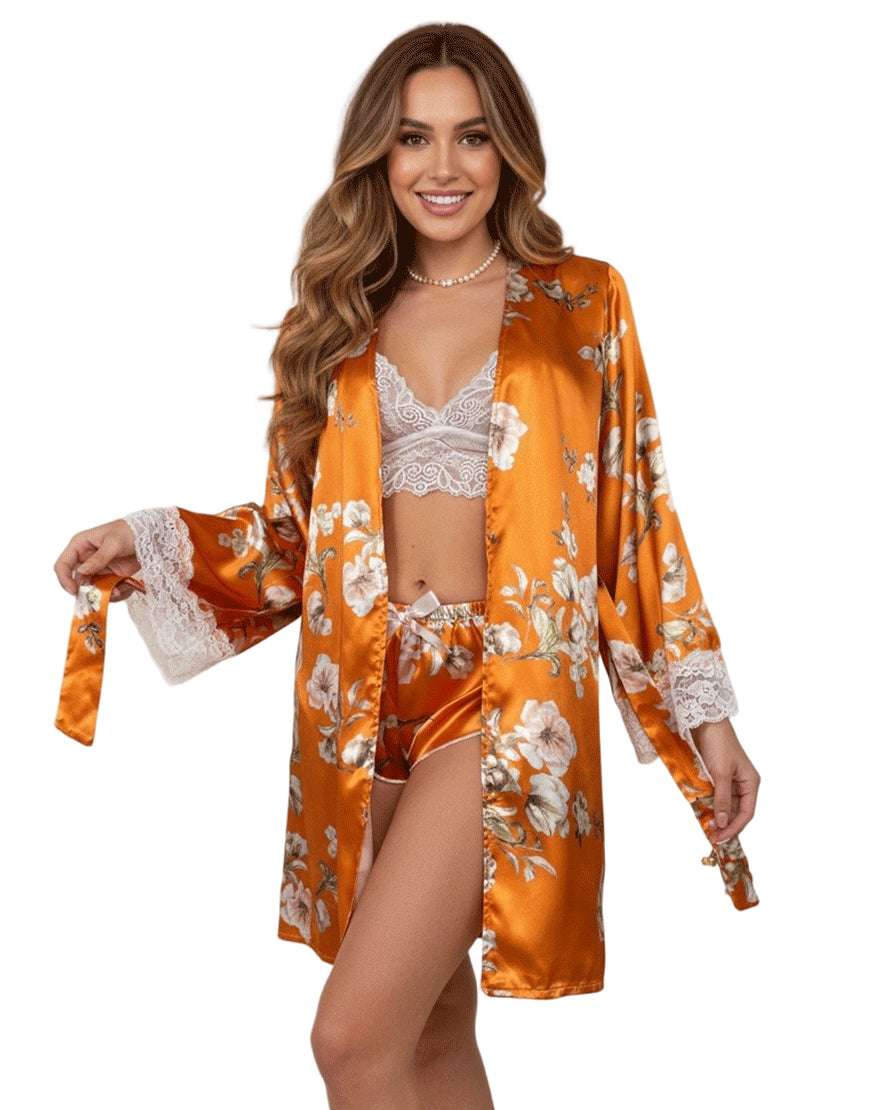 Losha Deep Love Silk 3 Piece Nighty-ORANGE