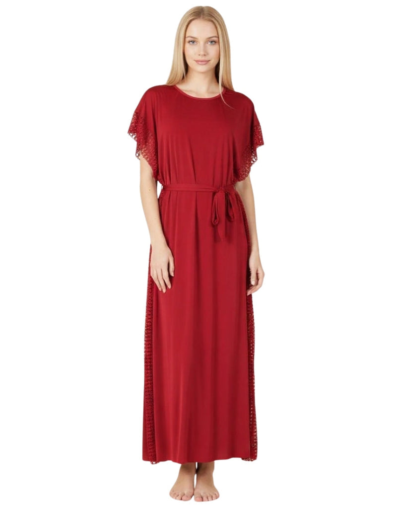 2 PIECE ROUND NECK SIDE LACE LONG NIGHTY -MAROON